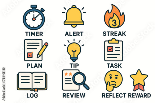 Icons representing timer, alert, streak, plan, tip, task, log, review, reflect, reward