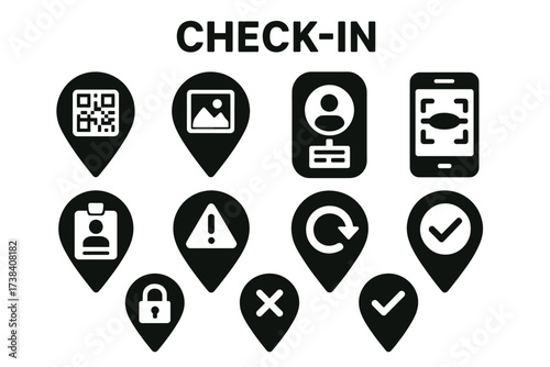 Check-in icons: qr code, badge, smartphone, warning, security, update, verification