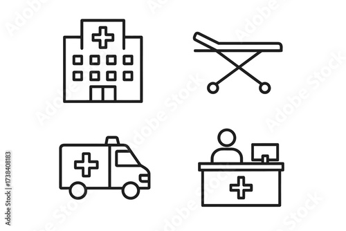 Healthcare icons featuring hospital, stretcher, ambulance, reception desk