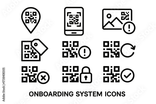 Qr code icons for onboarding systems with smartphone and security elements