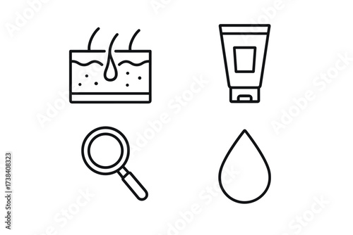 Skincare routine icons: pore diagram, skincare tube, magnifying glass, water drop
