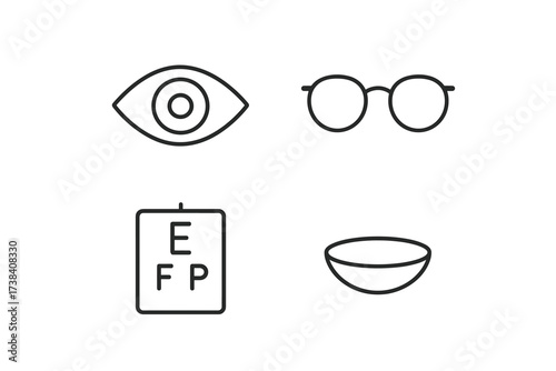 Eye health symbols: vision test chart, glasses, eye icon, contact lens