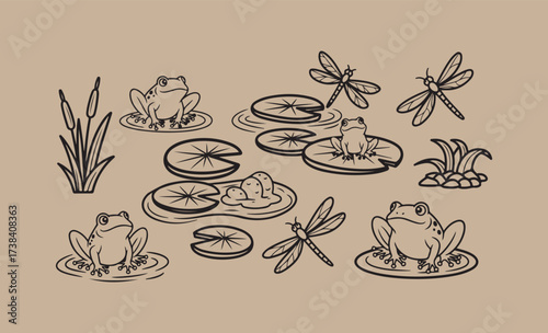 Whimsical pond scene with frogs and dragonflies