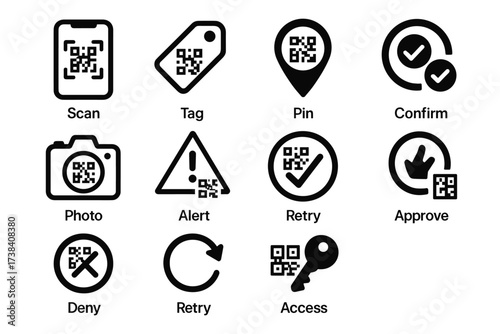 Qr code icons for scan, tag, pin, confirm, photo, alert, retry, approve, deny, access