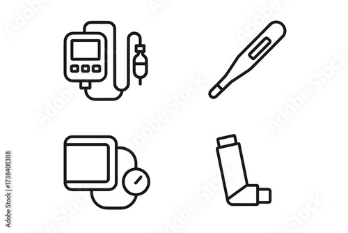 Medical equipment icons: infusion pump, thermometer, blood pressure, inhaler