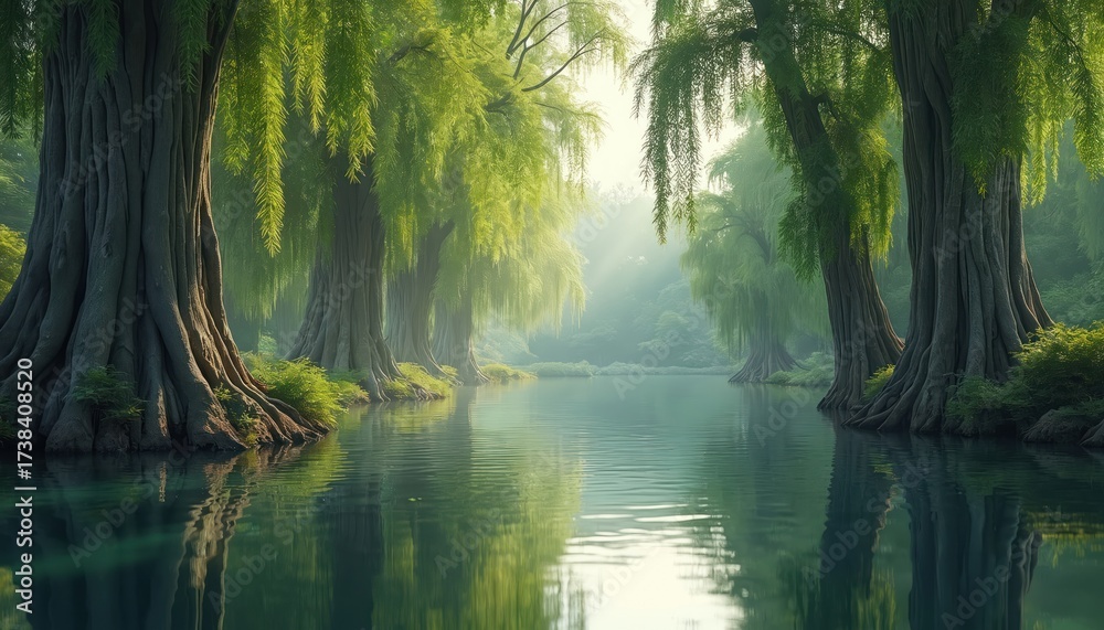 Obraz premium Tall cypress trees with thick trunks, hanging branches stand on banks of calm lake. Trees reflected in still water. Scene serene, peaceful with soft misty atmosphere. Green foliage, clear water