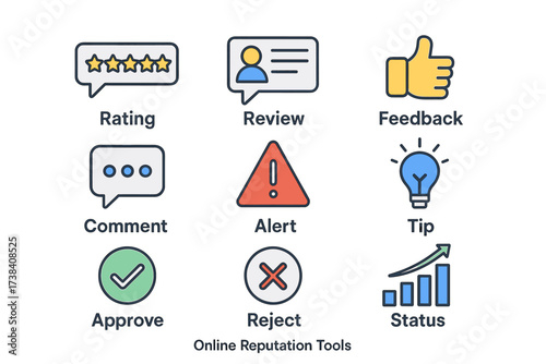Online reputation tools: rating, review, feedback, comment, alert, tip, approve, reject, status