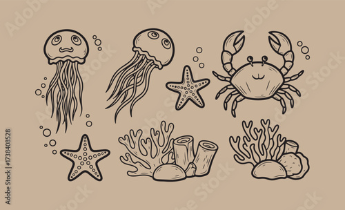 Whimsical hand drawn ocean life collection featuring jellyfish crab and starfish