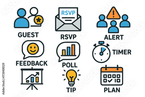 Icons for guest rsvp, alert notification, feedback, poll, timer, tips, planning