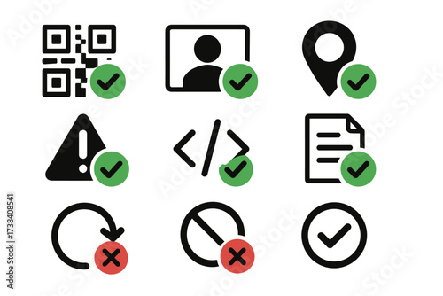 Set of icons: qr code, map pin, programming, warning, checked and crossed symbols