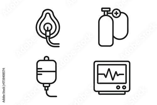 Medical equipment icons: oxygen mask, tank, iv bag, heart monitor