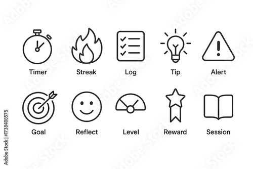 Minimalist icon set: timer, streak, log, tip, alert, goal, reflect, level, reward, session