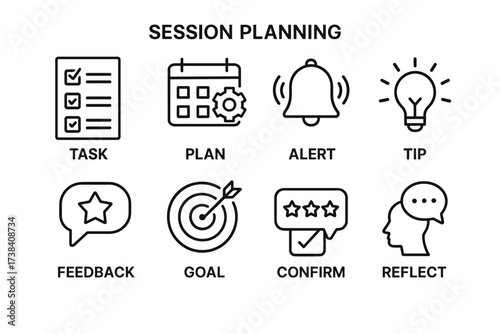 Session planning icons: task, plan, alert, tip, feedback, goal, confirm, reflect