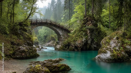 Ultra HD Old stone bridge video, mystical stone bridge over the turquoise soca river in the julian alps, slovenia
