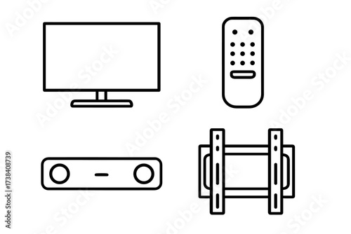 Minimalist line art of tv, remote, soundbar, and wall mount setup