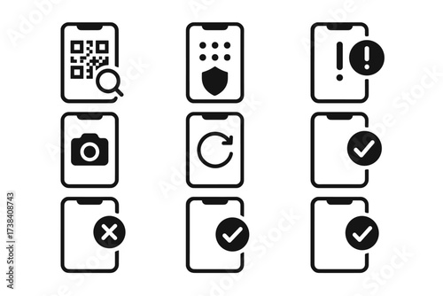 Set of smartphone function icons: qr code, security, alert, camera, rotate, checkmark, cross
