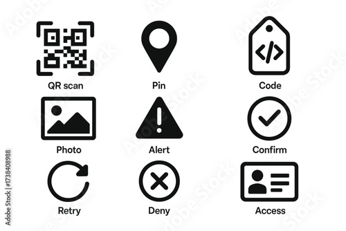Qr code, map pin, photo, alert, confirm, and access icons set on white background