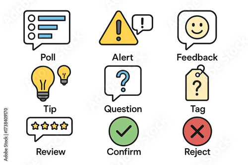 Collection of communication icons: alert, feedback, tip, question, poll, tag, review