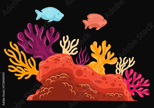 Vibrant underwater life featuring colorful fish, bright coral, and a textured seabed