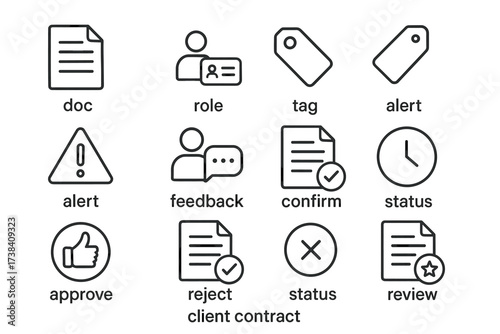 Document and status icons set for feedback and contract management