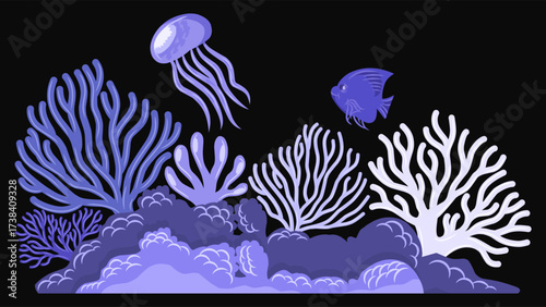 vibrant coral reef set against a dark background. It features various coral structures, sea algae, a floating jellyfish, and a swimming fish.