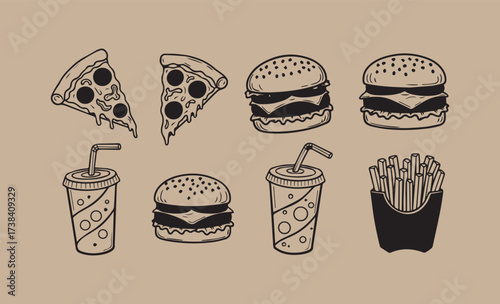 Hand drawn fast food icons featuring burgers pizza fries and drinks