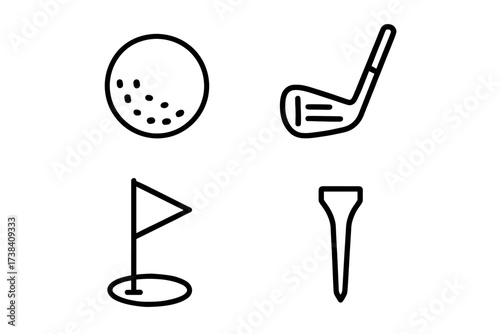 Minimalist golf icon set: ball, club, flag, tee