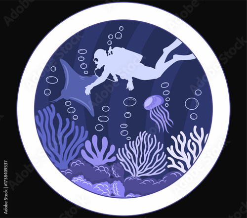 Deep-sea exploration in minimalist vector. A professional diver meets bioluminescent marine life in the dark blue, lightless depths, surrounded by abstract coral and bubbles.