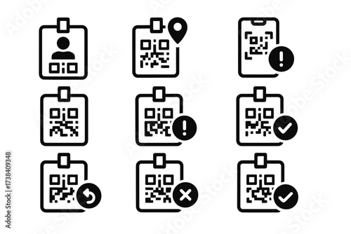 Set of qr code icons: location, alert, verification, recycle, error, success indicators