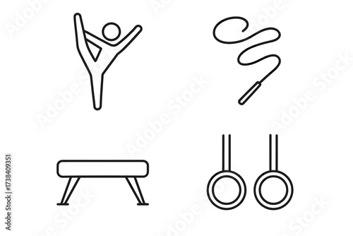 Minimalistic gymnastics icons: rhythmic rope, balance beam, rings