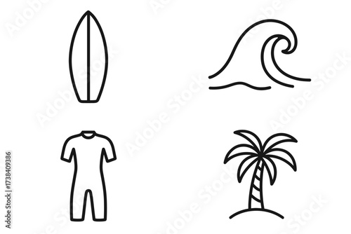 Surfboard and wave icon set with wetsuit and palm tree