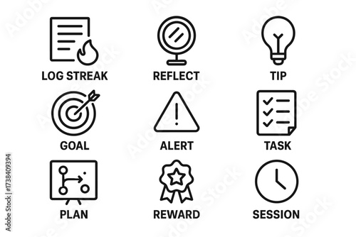 Task management icons: log streak, reflect, tip, goal, alert, task, plan, reward, session