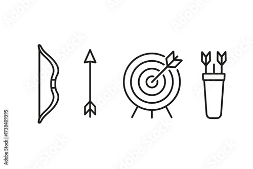 Outline icons of bow, arrow, target, and quiver depicting archery elements