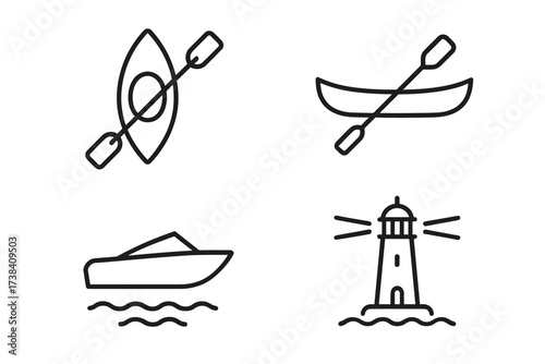 Minimalist icons of kayak, canoe, motorboat, and lighthouse with waves