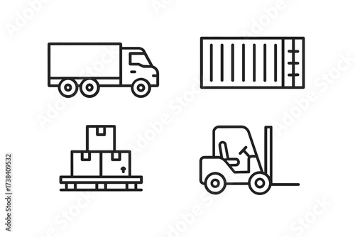 Logistics icons: truck, container, pallet boxes, forklift for transport and shipping