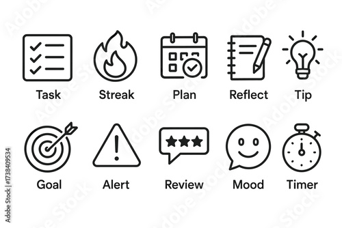 Icon set featuring tasks, streaks, and alerts for planning and motivation