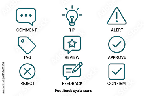 Feedback cycle icon set: comment, tip, alert, tag, review, approve, reject, feedback, confirm