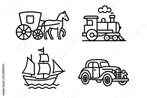 Historical transportation icons: carriage, train, sailing ship, vintage car