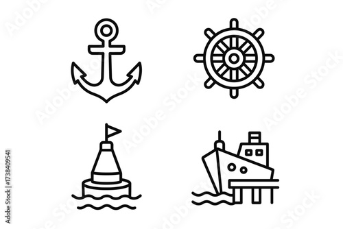 Nautical icons: anchor, ship wheel, buoy, and docked vessel in simple line art