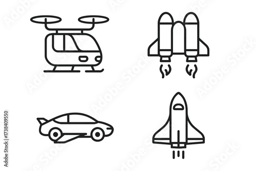 Outline icons of helicopter, jetpack, car, and space shuttle
