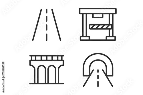 Outline icons of road infrastructure including bridge, tunnel, highway, and toll booth