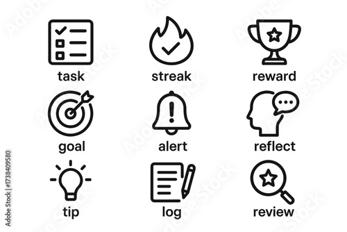 Motivation and achievement icons: task, streak, reward, goal, alert, reflect, tip, log, review