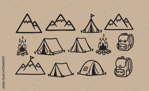Hand drawn camping and mountain icons set on kraft paper background