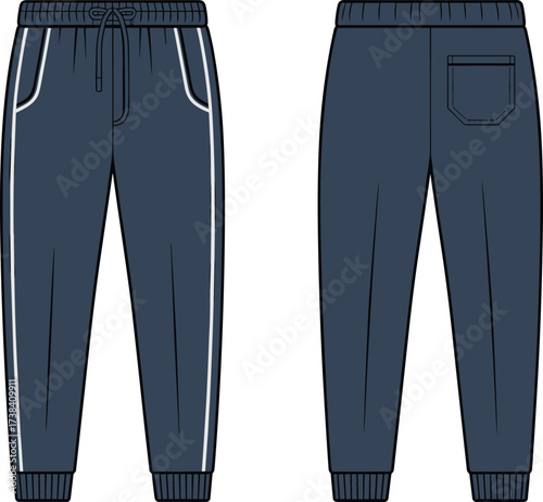 Jogger pants vector illustration, athletic trousers design, casual wear sketch, unisex sportswear outline, fashion clothing template, fitness apparel drawing, modern streetwear style