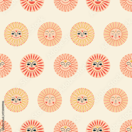 Geometric seamless pattern with folklore sun faces in boho and mystical style, ornamental and decorative design.