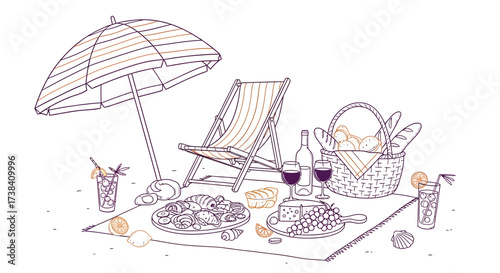 Illustration of a beach picnic scene with food, drinks, and beach accessories.