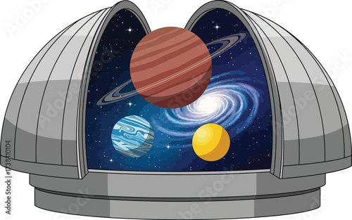 Illustration of an observatory with planets and a galaxy
