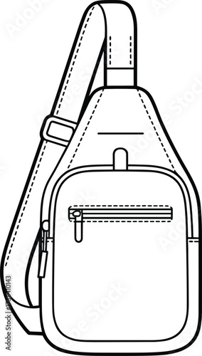 Sling backpack line drawing, crossbody bag vector illustration, unisex fashion accessory sketch, travel shoulder pack design, casual bag outline, modern style template