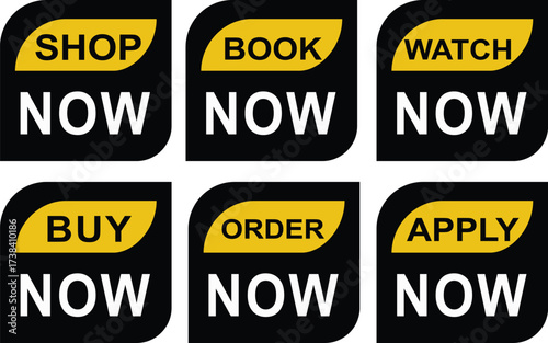 Collection of black and yellow 'Now' buttons for shopping, booking, watching, buying, ordering, and applying.