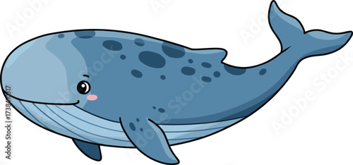 Cartoon blue whale illustration, cute marine animal with smiling face, ocean creature, vector drawing, white background, children’s content, sea life